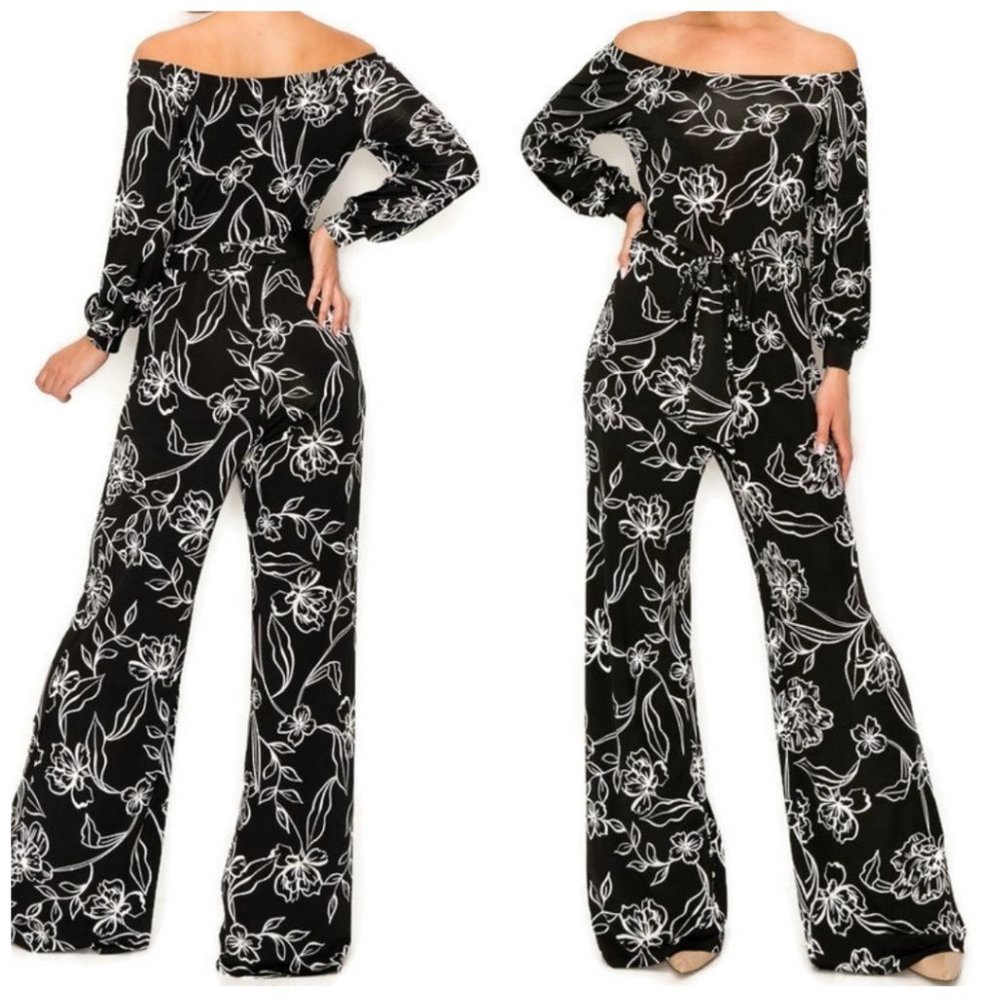 Janette Fashion Black White Floral Bell Long Sleeve Off Shoulder Jumpsuit